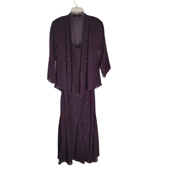 R And M Richards Beaded Two Piece Dress Jacket Eggplant Purple Maxi Size 18 - Picture 2 of 14